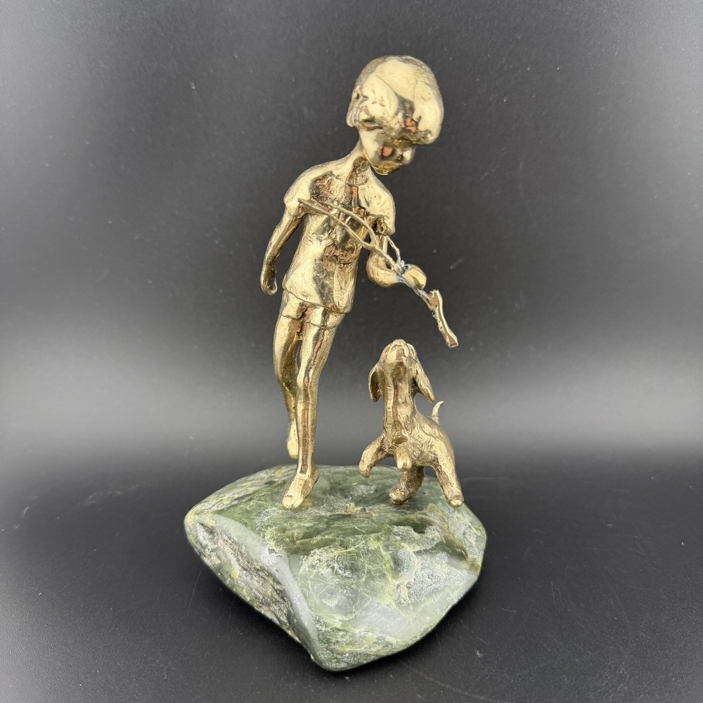 Malcolm Moran Boy Playing with Dog Bronze Sculpture 70s on Jade Nephrite Lim Ed